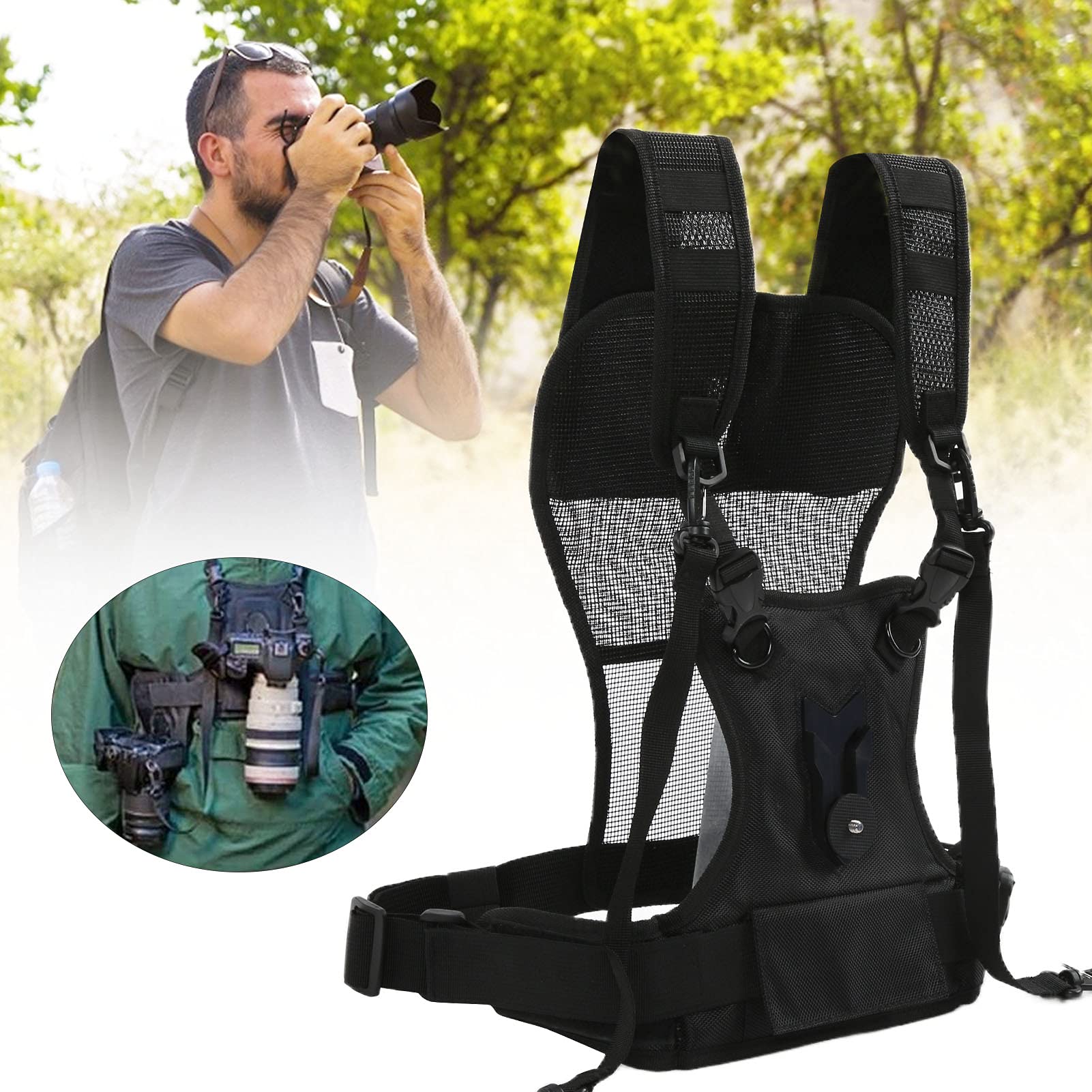 Ztowoto Camerariem Dubbele schouder Camerariem Harnas Snelsluiting Verstelbare dubbele camera-tetherriem en veiligheidstether voor DSLR SLR-camera (focus