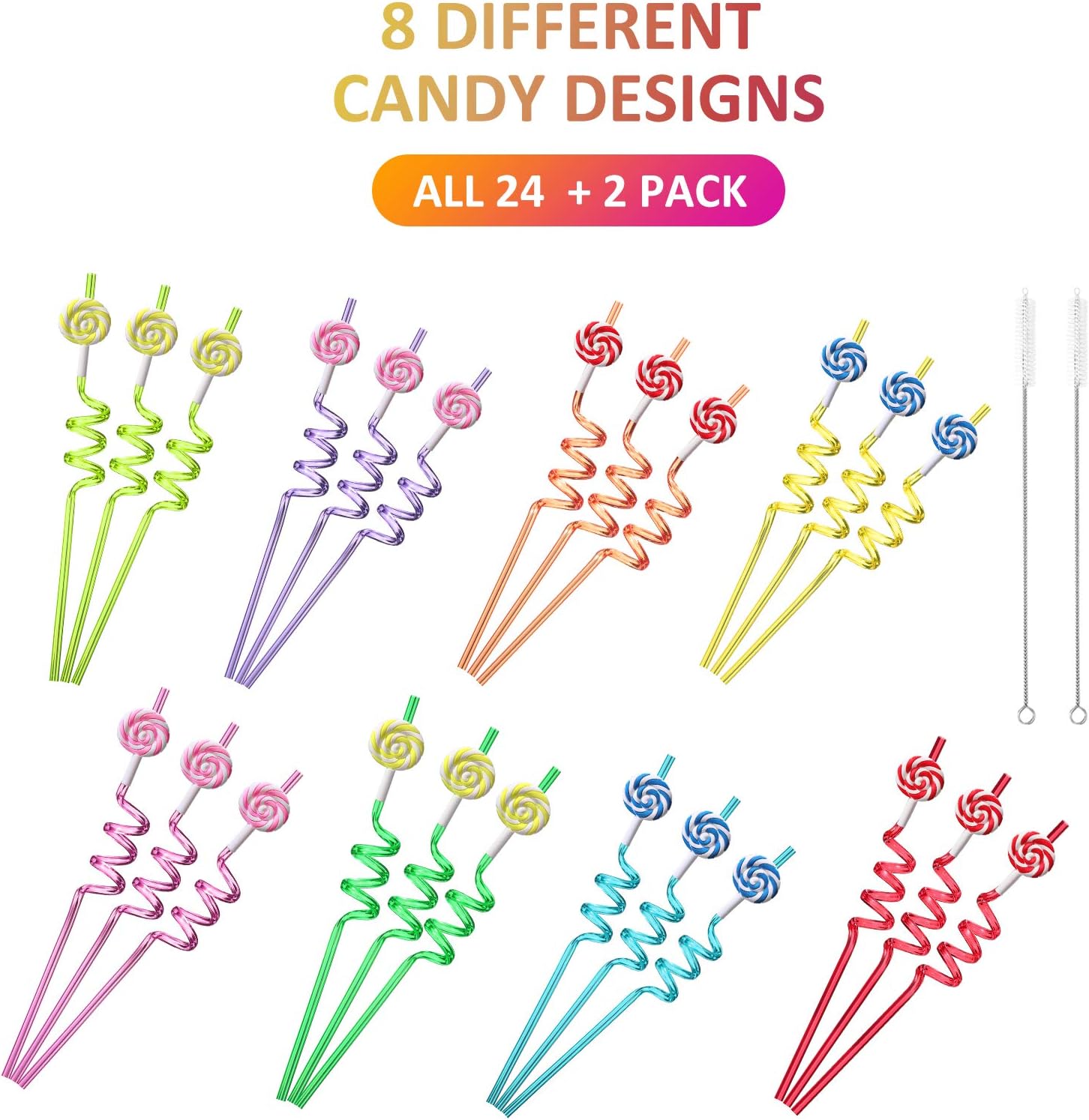 Candyland Party Supplies Drinking Plastic Straws Reusable 24 for Kids Sweet Candy Lollipop Birthday Party Favors with 2 Cleaning brush - Image 6