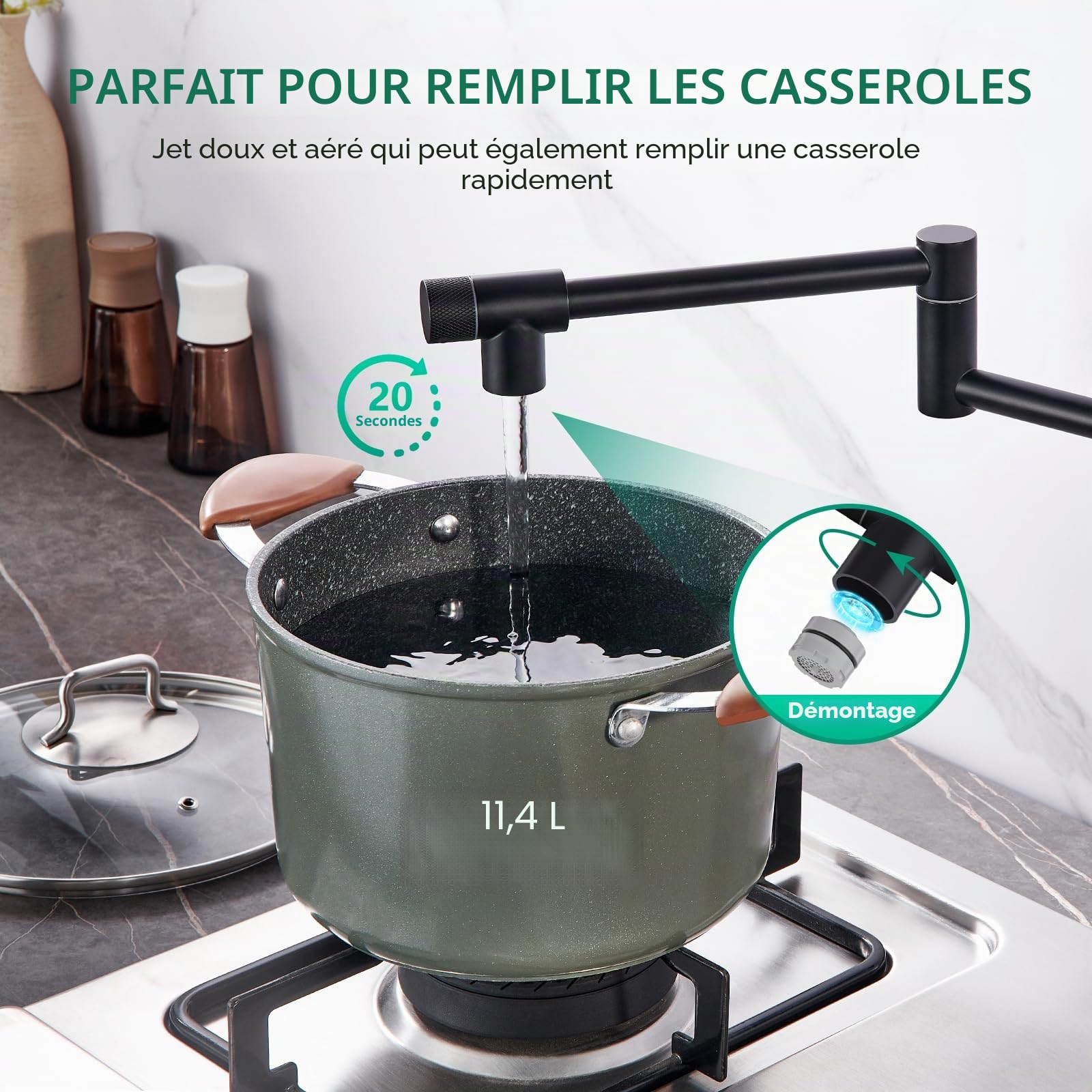 CREA Robinet Mural Robinet de Cuisine, Mitigeur Evier 2 Jets d'eau,Pivotant à 360° pour Évier de Cuisine Double Poignée, Eau Chaude et Froide,Aérateur Démontable,Noir Mat