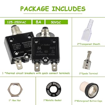 8A Manual Reset Push Button Circuit Breaker 125/250V AC 50V DC Thermal Overload Protector with Quick Connect Terminals and Waterproof Button Caps Assortment Kit(Pack of 1 pcs)