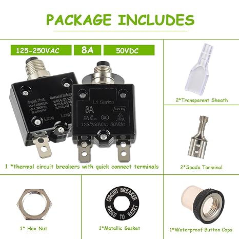 8A Manual Reset Push Button Circuit Breaker 125/250V AC 50V DC Thermal Overload Protector with Quick Connect Terminals and Waterproof Button Caps Assortment Kit(Pack of 1 pcs)