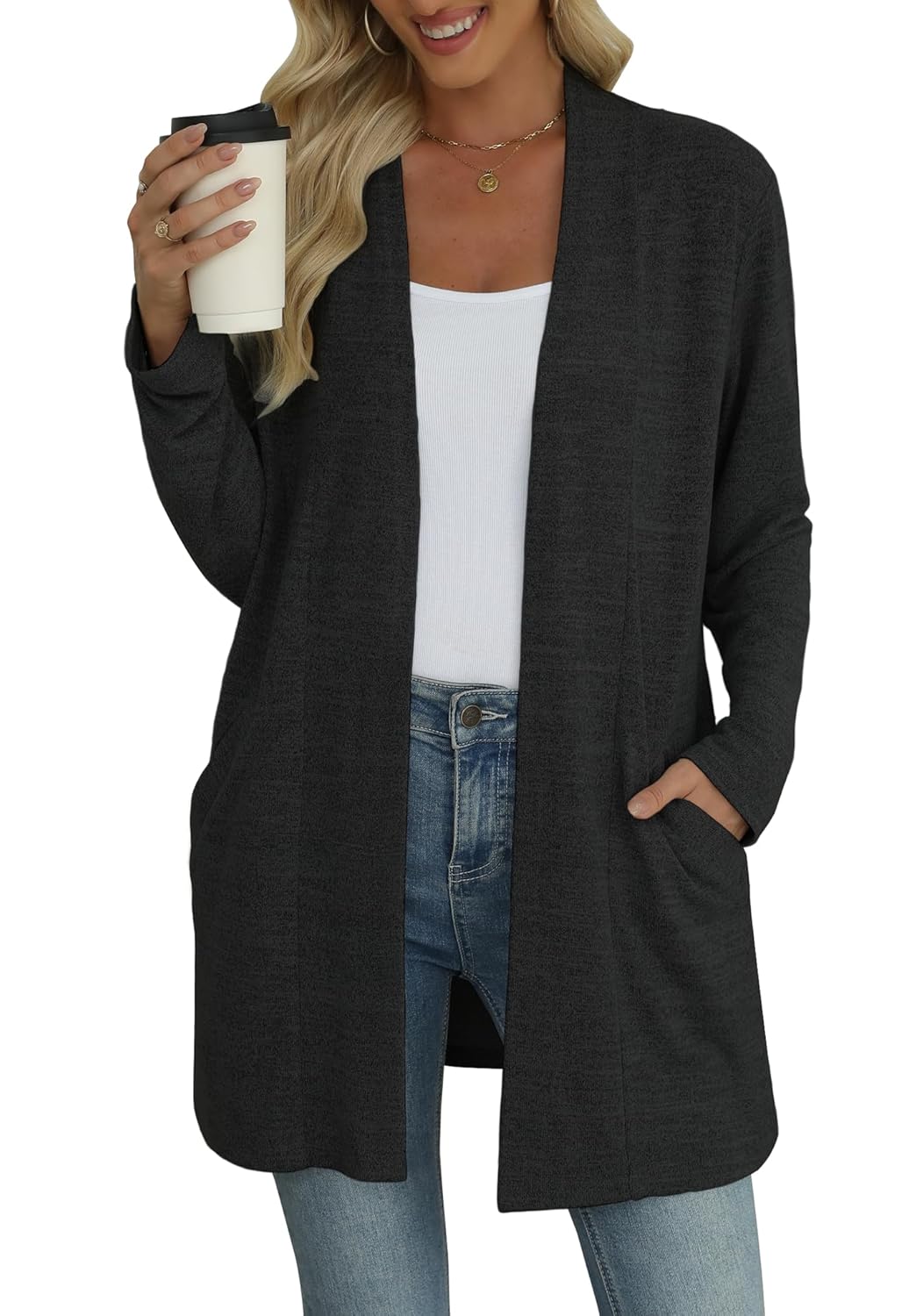AYIFU Womens Lightweight Cardigan Long Sleeve Sweater Open Front Casual Fall Cardigans with Pockets