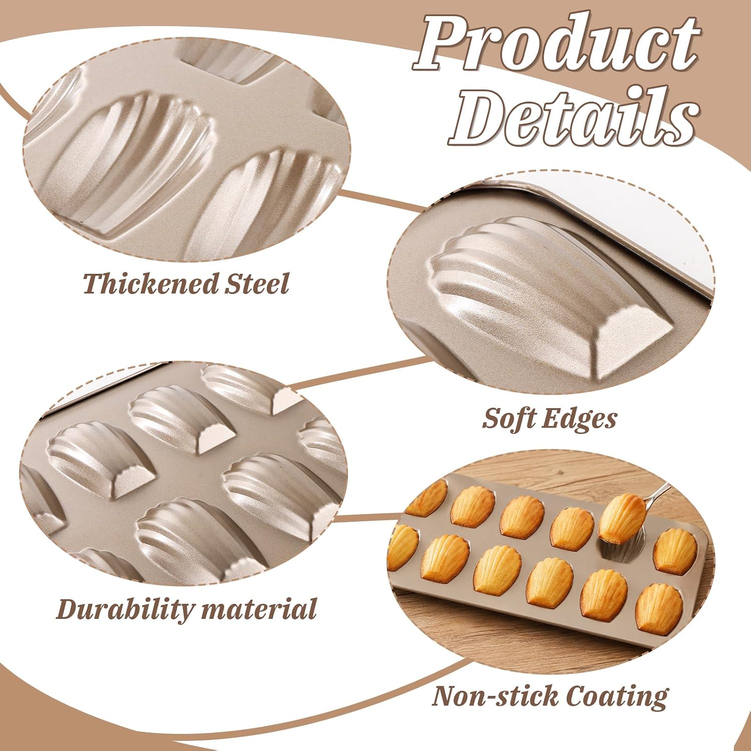 3 Pack 12-Cavity Gold Carbon Steel Nonstick Madeleine Pan