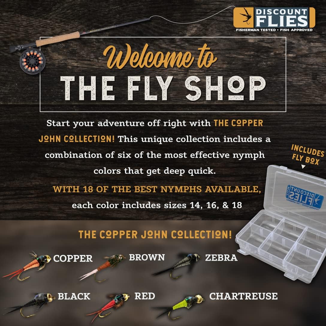 Discount Flies Copper John Fly Fishing Flies – Fishing Kit w/18 Nymph Flies + 1 Fly Box – Flies for Fly Fishing on Strong, Sharp Hooks – Realistic & Effective Fly Fishing Accessories