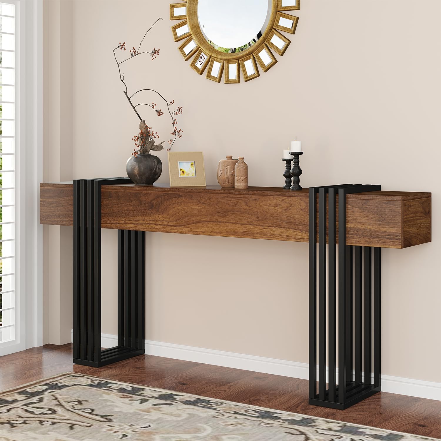 knoworld 71 Inch Long Console Table, Extra Thick Industrial Sofa Table Behind The Couch Rectangular Entryway Table for Entrance Hallway Living Room, Entire top Board & 4-Pipe Legs, Rustic Brown