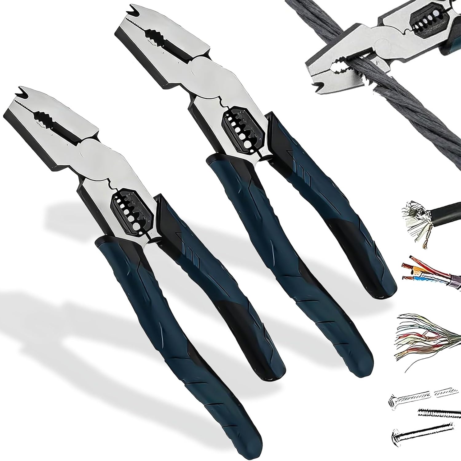 Industrial-Grade Multi-Function Cutting Pliers - Compound Action Leverage, 9-in-1 Multi-Functional Pliers Nail Puller/Wire Cutter/Stripper/Crimper, Heavy Duty Pliers Tool for Household Repair (2PCS)