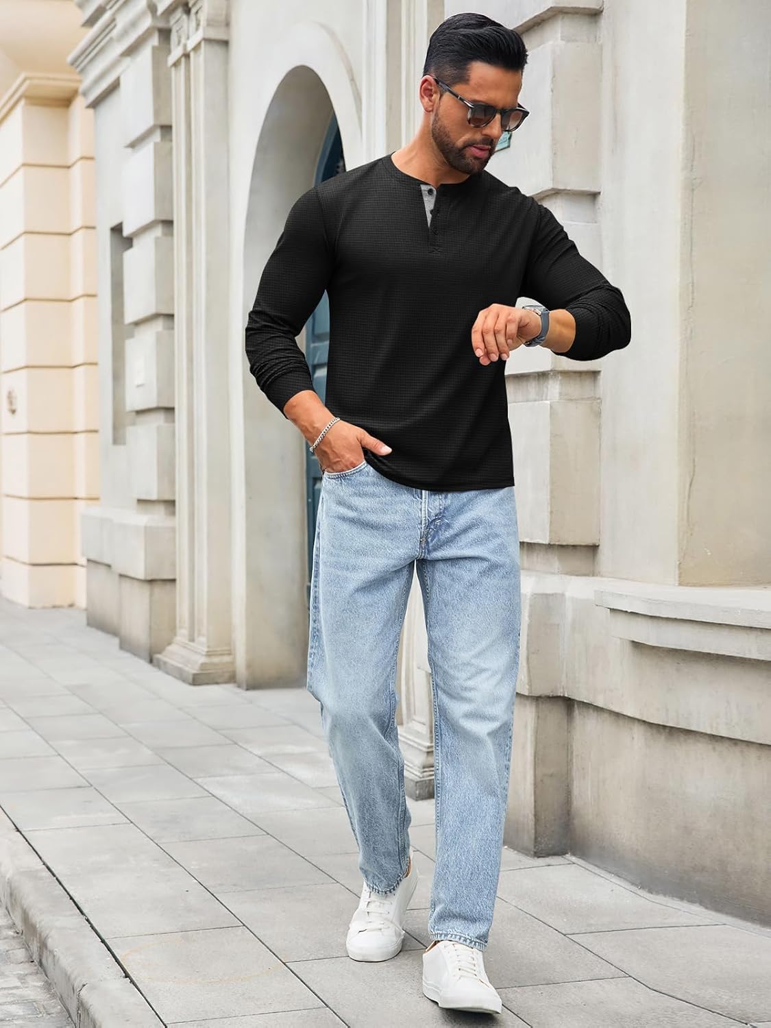 Runcati Mens Henley Long Sleeve Shirts Waffle Button Casual Basic Lightweight Tops - Image 4