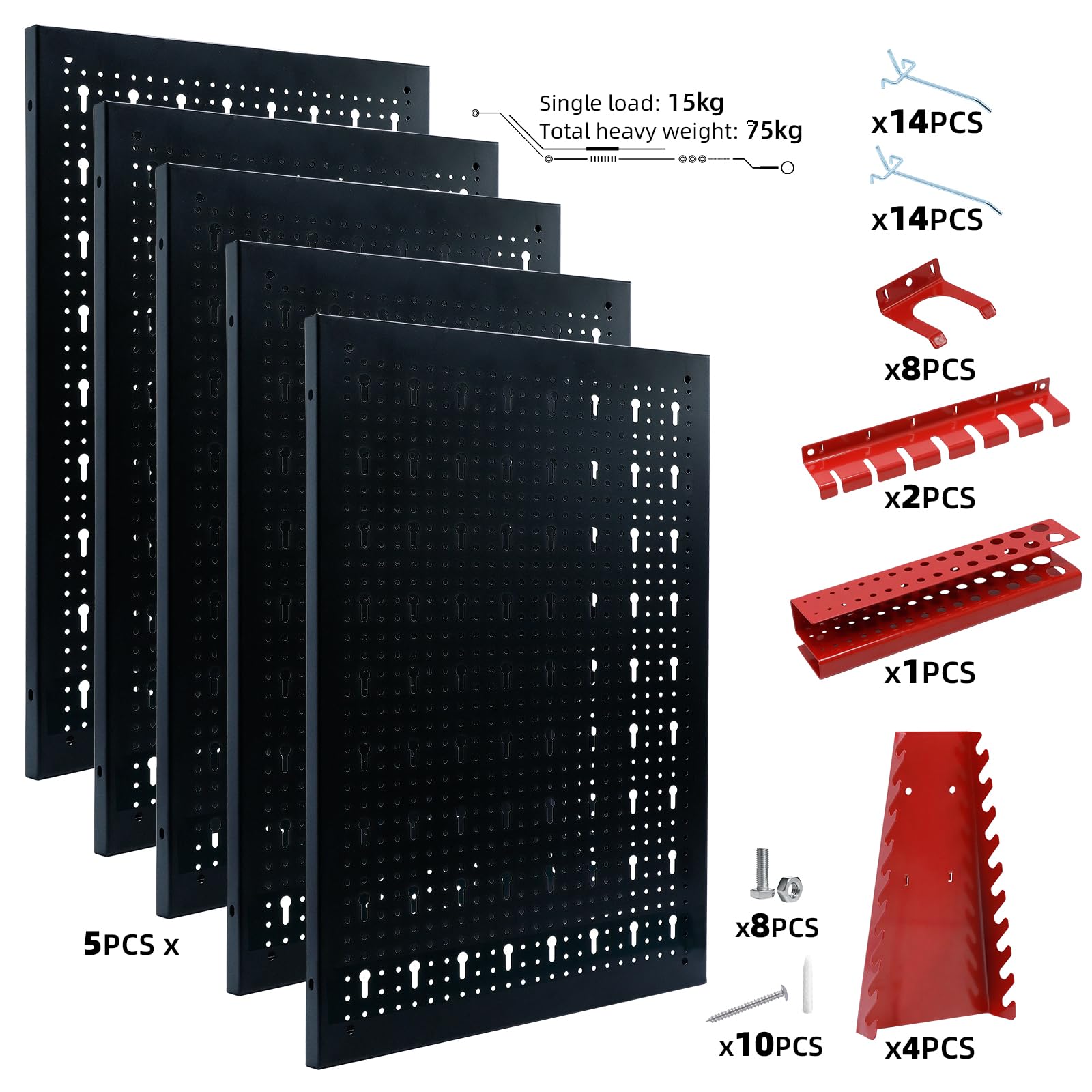CCLIFE Werkzeugwand Lochwand Inkl.66-Teiligem Metall Werkzeuglochwand Vier Teile 200 x 60 x 2 cm Erweiterbar Zubehör Wandregal Werkzeugaufbewahrung Schwarz
