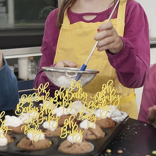 Miniatura 6 de Rsstarxi Paquete de 24 adornos para cupcakes Oh Baby con purpurina dorada para baby shower, para celebrar baby shower, fiesta de cumpleaños de