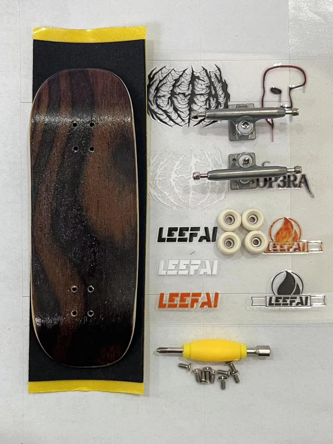 Pro Wooden Fingerboard Complete Set, 34x96mm, 5-Ply Maple Deck with leefai g4 Trucks and Urethane 65d Mini Skateboard Wheels