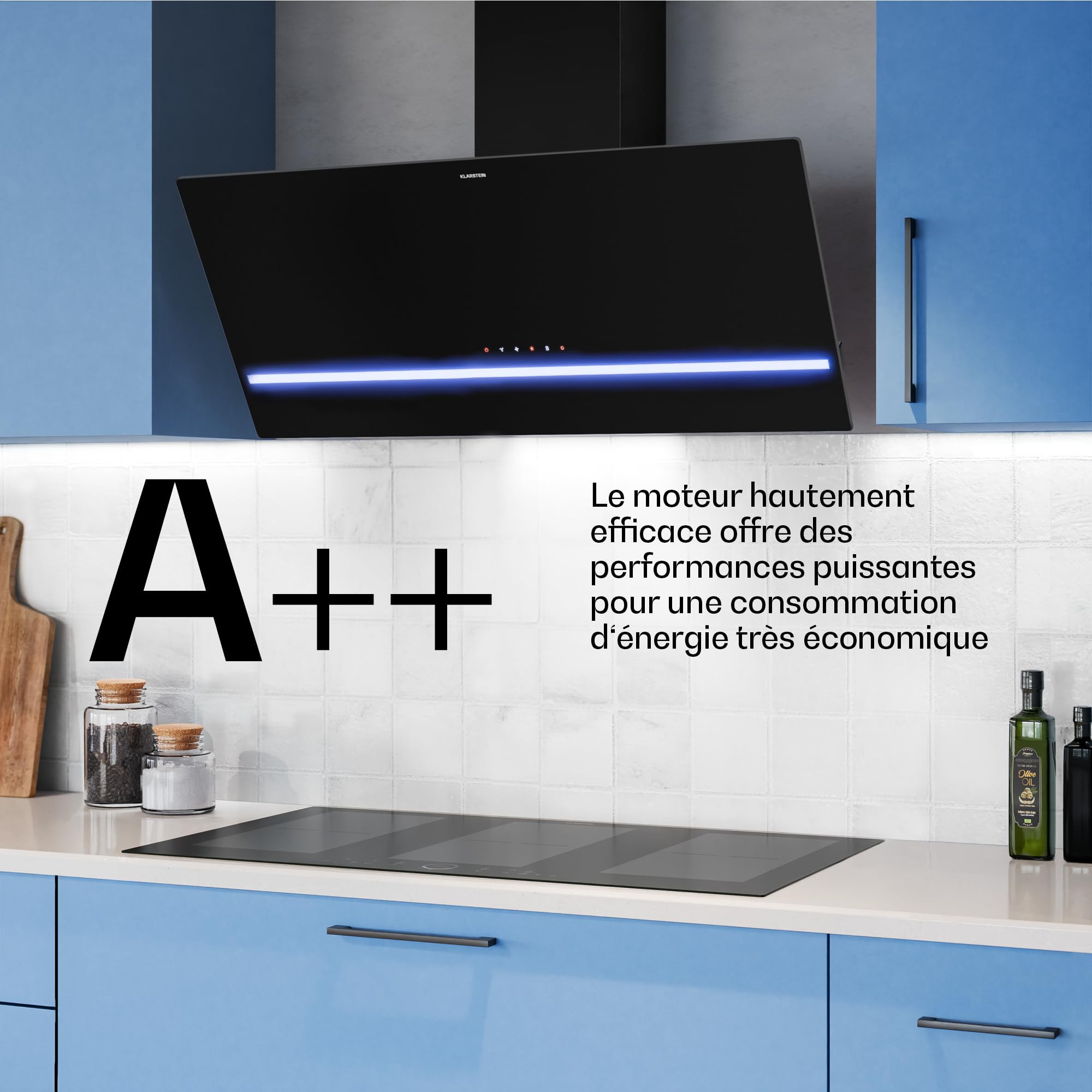 Klarstein Illuminosa Hotte Aspirante 90 cm - Hotte Décorative Inclinée, 818 m³/h, LED, Tactile, A++, 3 Vitesses & Boost, Filtre Charbon, Recyclage ou Évacuation, Cuisine