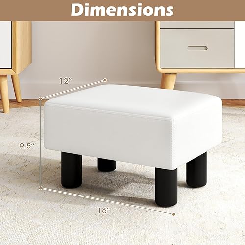 Miniatura 3 de Giantex Reposapiés pequeño de piel sintética de 16 pulgadas, otomana rectangular moderna con asiento acolchado, patas de madera de plástico (blanco)