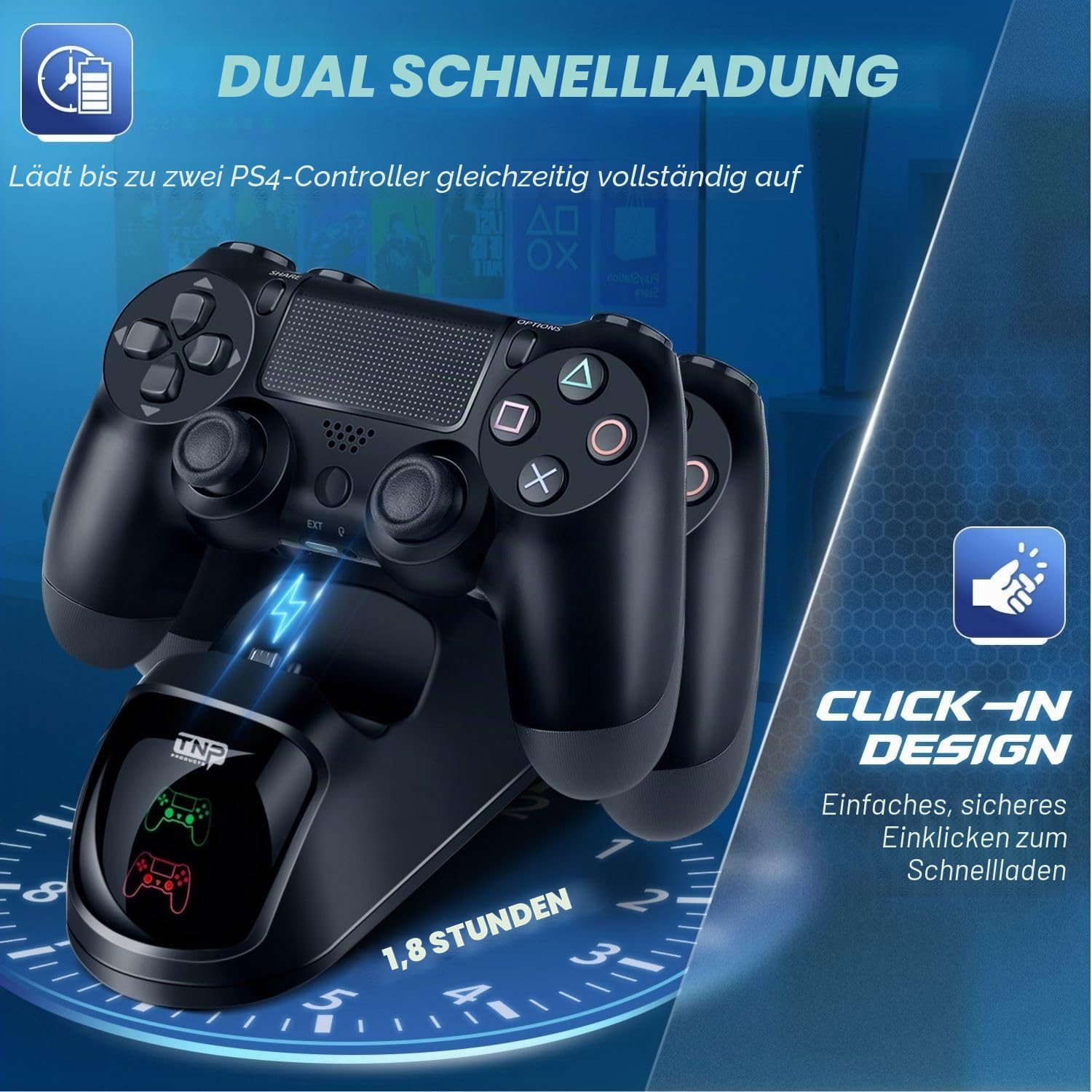 TNP PS4 Controller-Ladestation, PS4 Aufladestation, Ladegerät für Sony-PlayStation-4-Original-DualShock-4-Wireless-Controller, mit USB-Ladekabel und LED Anzeige, Passend für PS4 Pro/Slim, Schwarz
