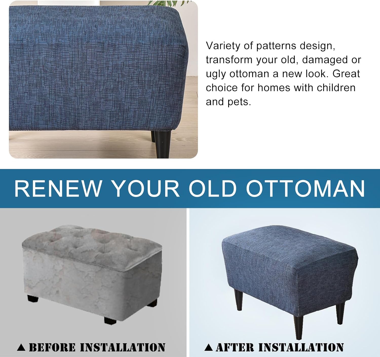 KRFOONN Ottoman Slipcovers Stretch Rectangle Footrest Stool Covers Printed Ottoman Cover for Foot Stool Furniture Protector with Non Slip Elastic Bottom(23, X-Large)