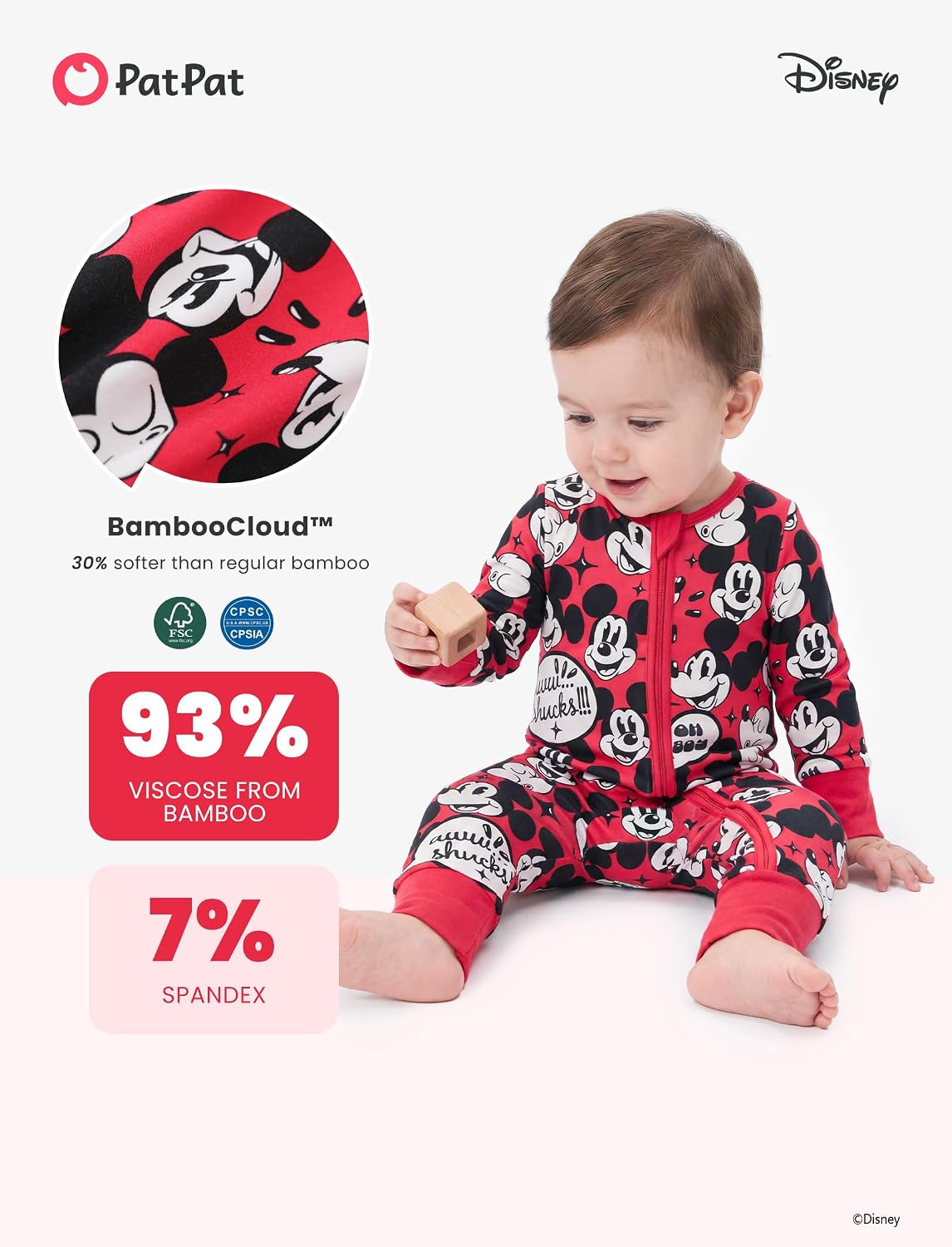 Disney Baby Viscose Made from Bamboo 2-Way Zipper Footie Outfit NB to Inf