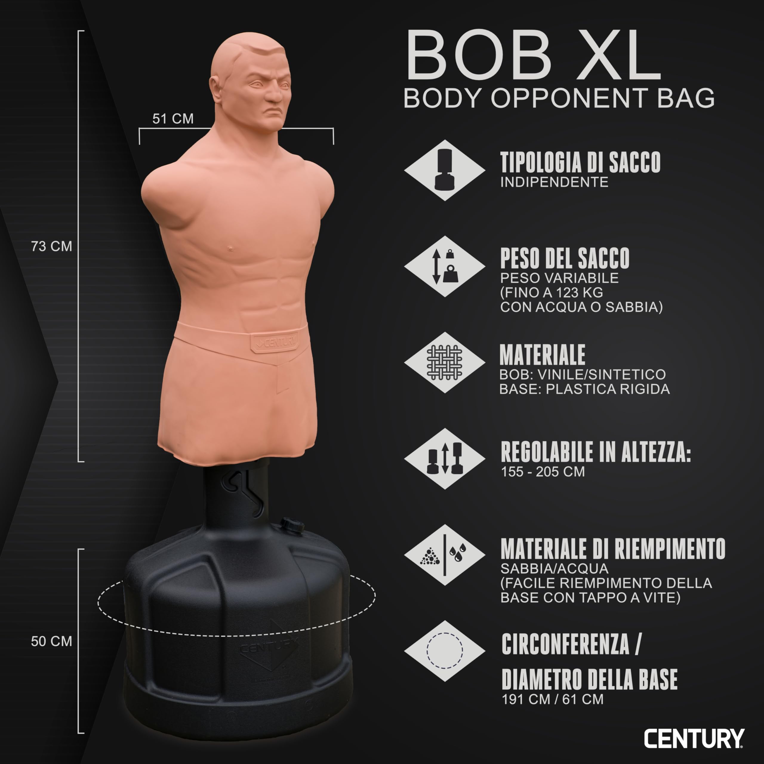 Century BOB XL Manichino da Boxe Regolabile in Altezza 155 - 205 cm