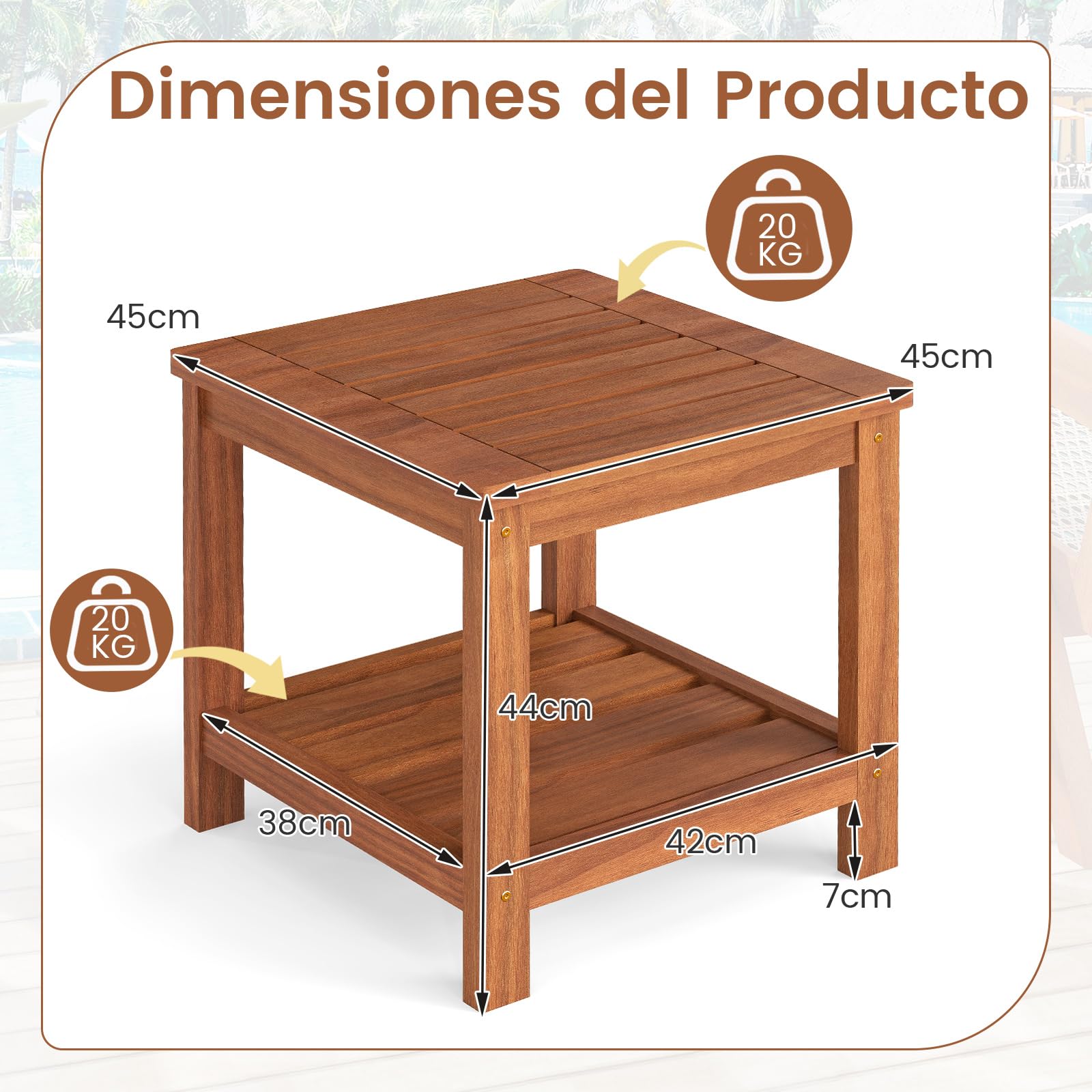 COSTWAY Mesa Auxiliar Madera Acacia, 45x45x44 cm, Mesa Terraza Exterior de 2 Niveles, Cuadrada Baja Jardin Balcon Exterior Interior Piscina Patio, Natural (44cm)
