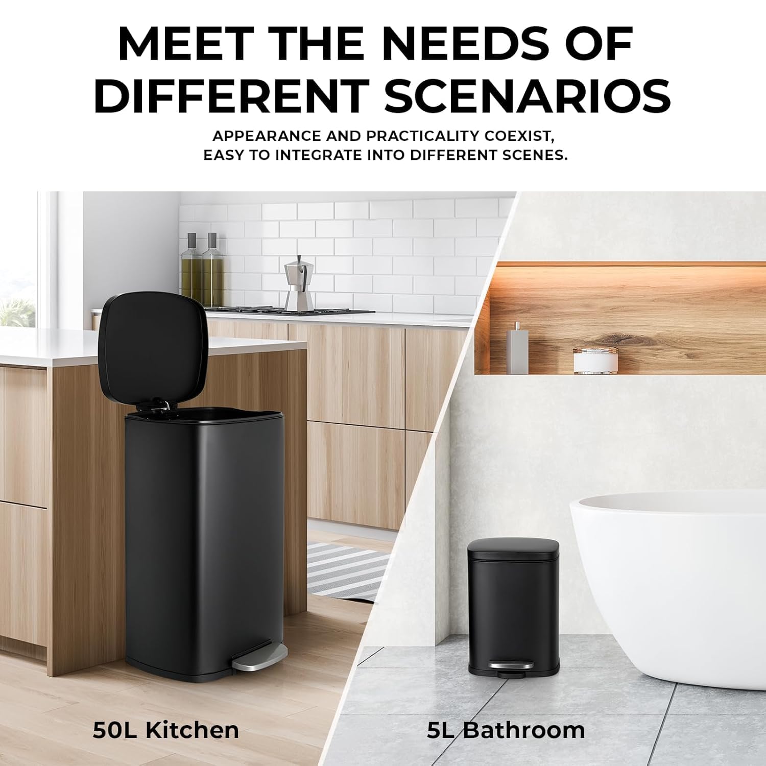 LIFERUN vuilnisbak 50l 5L, set van 2 afvalbakken van staal met softclose deksel, uitneembare binnenemmer, geurisolatie, groot en klein pedaalemmer set voor keuken, badkamer, kantoor, zilver