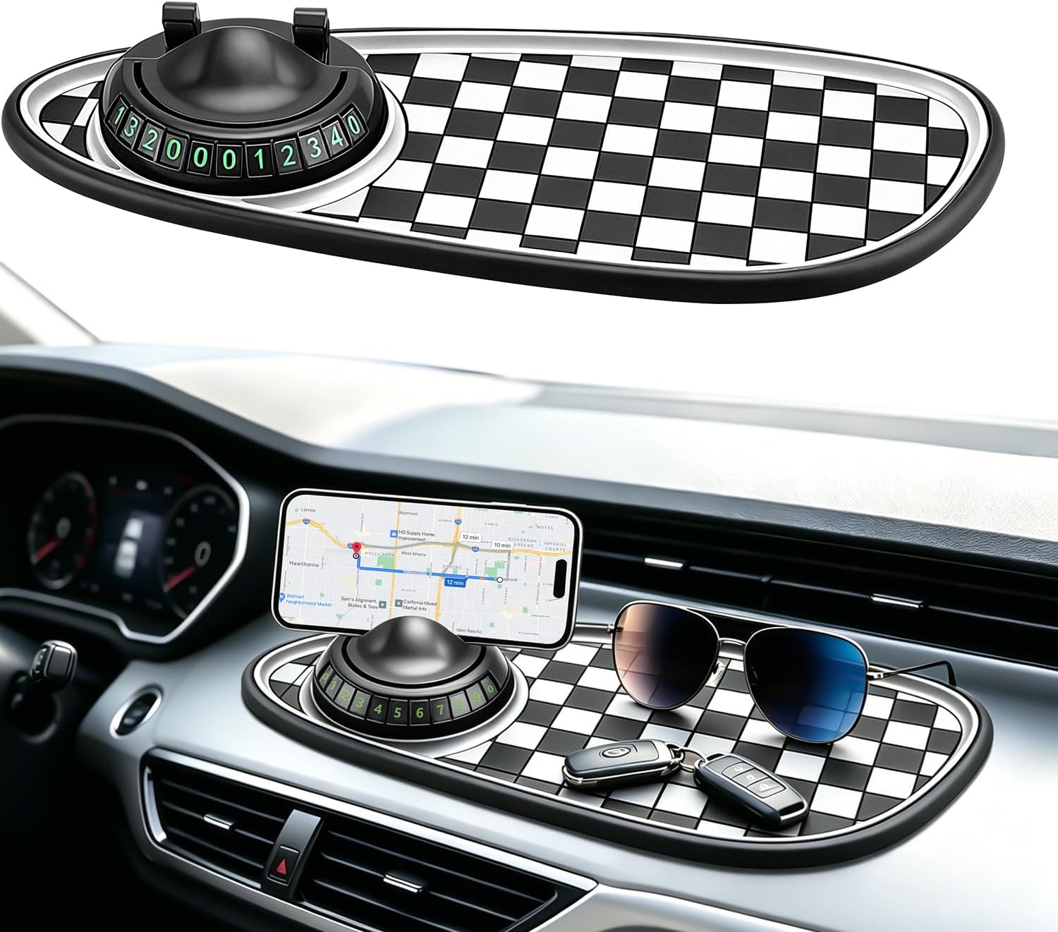 Multifunctional Car Anti-Slip Mat,With360° Rotating Adjustable Phone Holder and Temporary Parking License Plate Holder; Can Store Mobile Phones, Keys, Sunglasses and Other Items (Black and Gray)