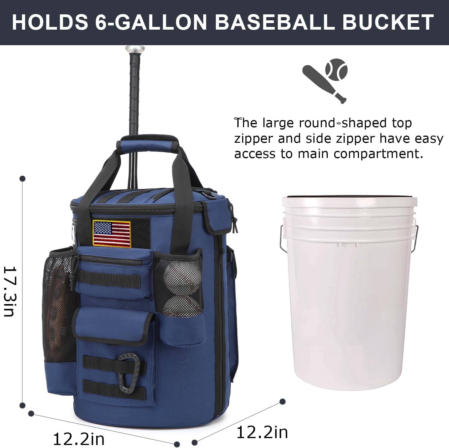Baseball Bucket Bag 6 Gallon Tactical Baseball Coaches Bag Softball Bucket Cover Organizer with Padded Seat for Balls, Bat, Gloves, Scoreboards