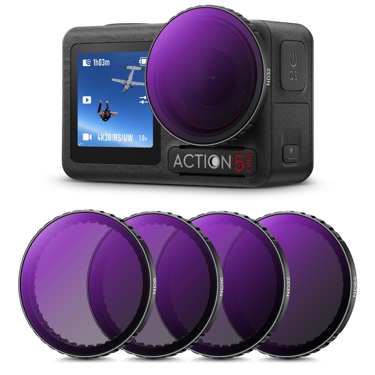 K&F CONCEPT Push-in Fit ND Filter Kit Compatible with DJI Osmo Action 5 Pro, ND8 ND16 ND32 ND64 4 Pack Light Reduction Exposure Control Optical Glass