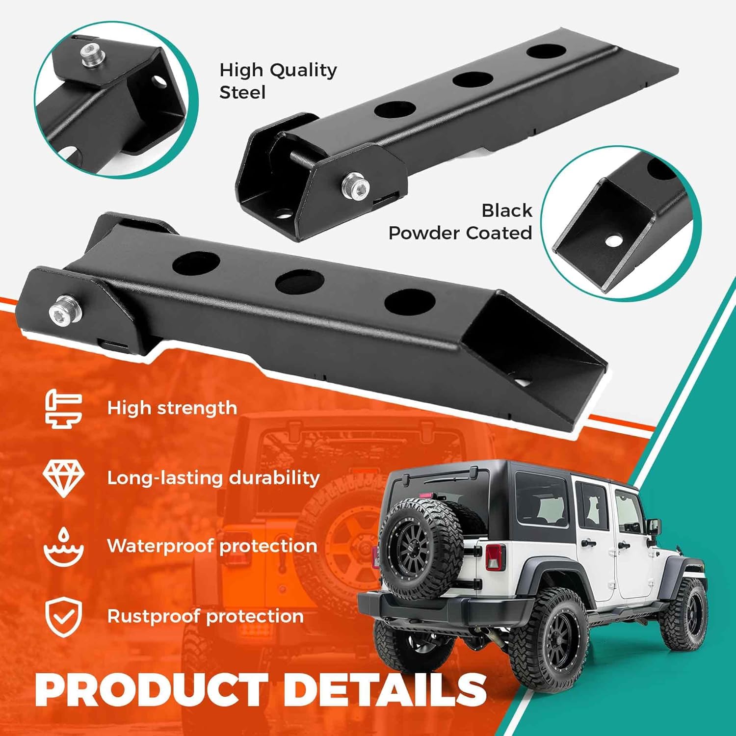 HECASA Tailgate Hinge Set - Jeep Wrangler JK JKU (2007-2018) - Black Powder Coated Steel - Heavy Duty Reinforced
