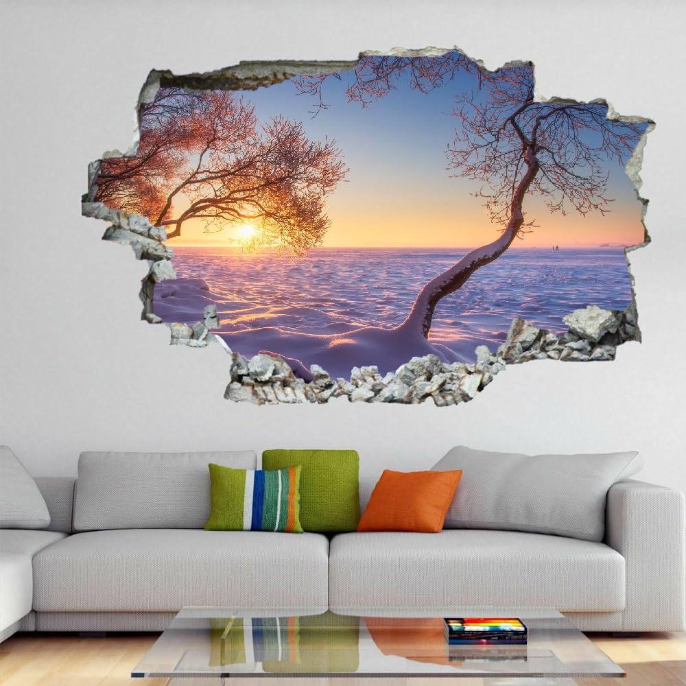 Effet De Mur Brisé 3D Paysage Coucher De Soleil Arbre Stickers Muraux Imperméables Art Amovible Neige Sticker Mural En Vinyle Pour Décoration Murale De Chambre À Coucher Pour Enfants, Garçons, Filles