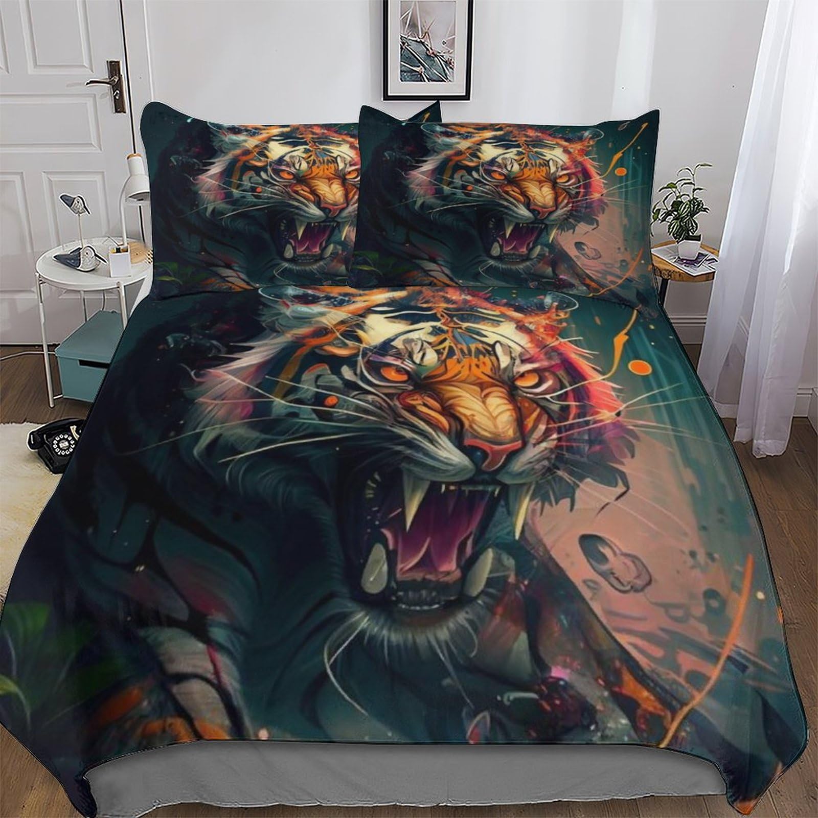 Housse de couette tigre en microfibre douce et anti-plis pour lit d'enfant King 220x240cm