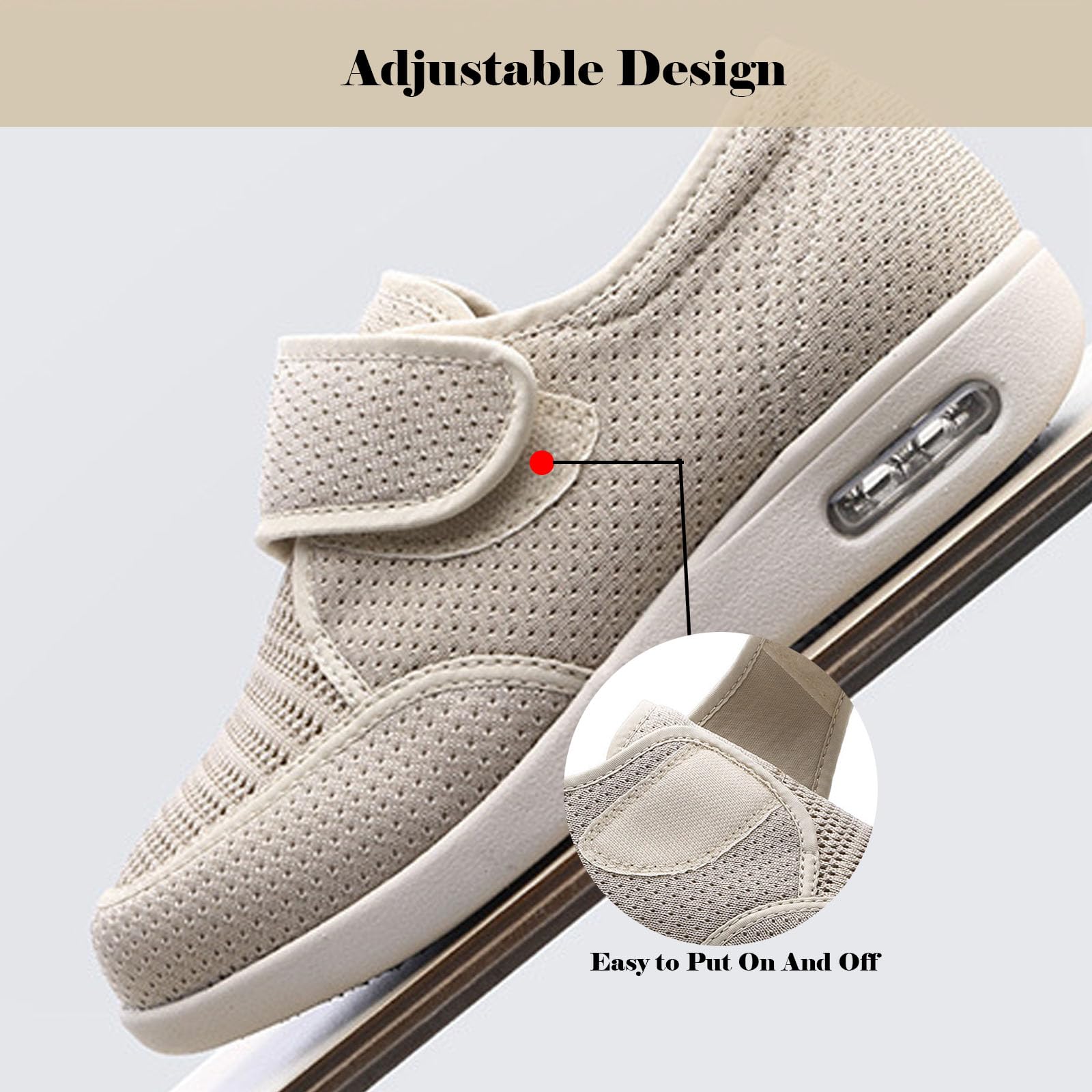 Buty wsuwane ze wsparciem łuku stopy, regulowane buty do chodzenia dla osób starszych łagodzące ból stóp, oddychający i lekki materiał (Beige US Men 7.5)