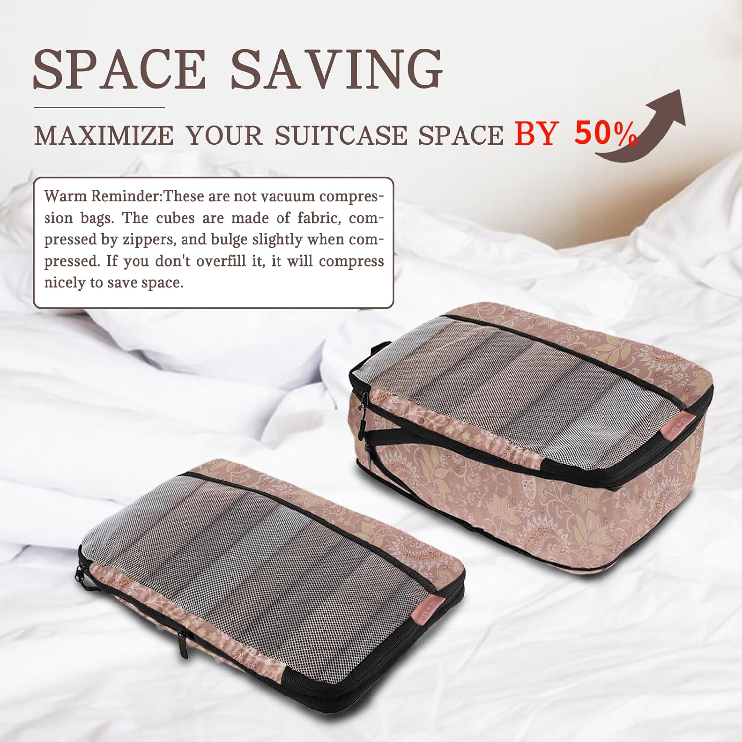 U+U 6 Set Compression Packing Cubes - Ultralight Travel Organizers with Laundry Bag, Space-Saving Suitcase Organizer, Expandable Packing Cubes for Travel and Family Vacation (Paisley Pattern) - Image 2