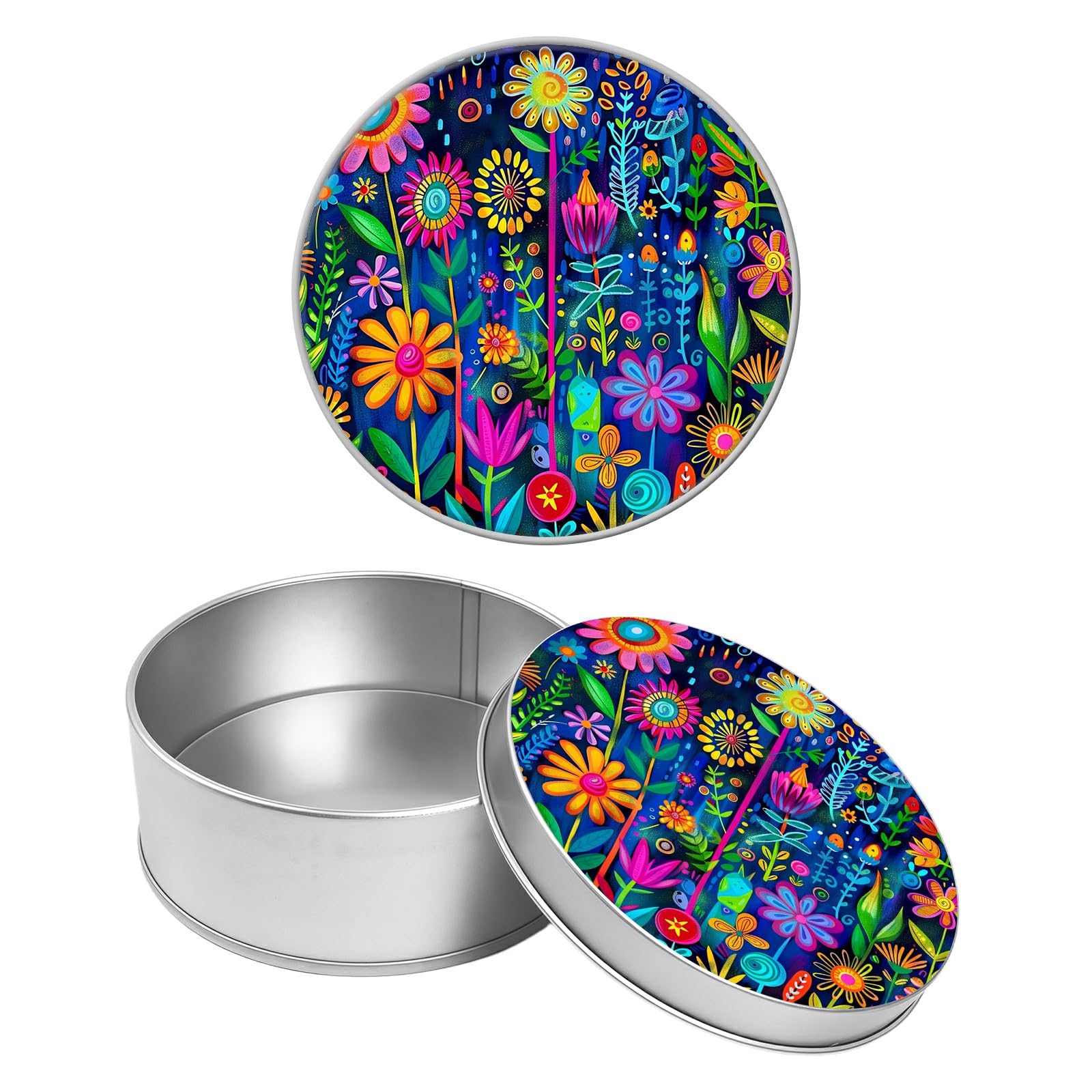 Round Metal Tin Container with Removable Lid, Colorful Florals Durable Metal Storage Box for Crafts Snacks Candies Office Supplies Small Items 3.54 x 1.38 inch– Single Pack