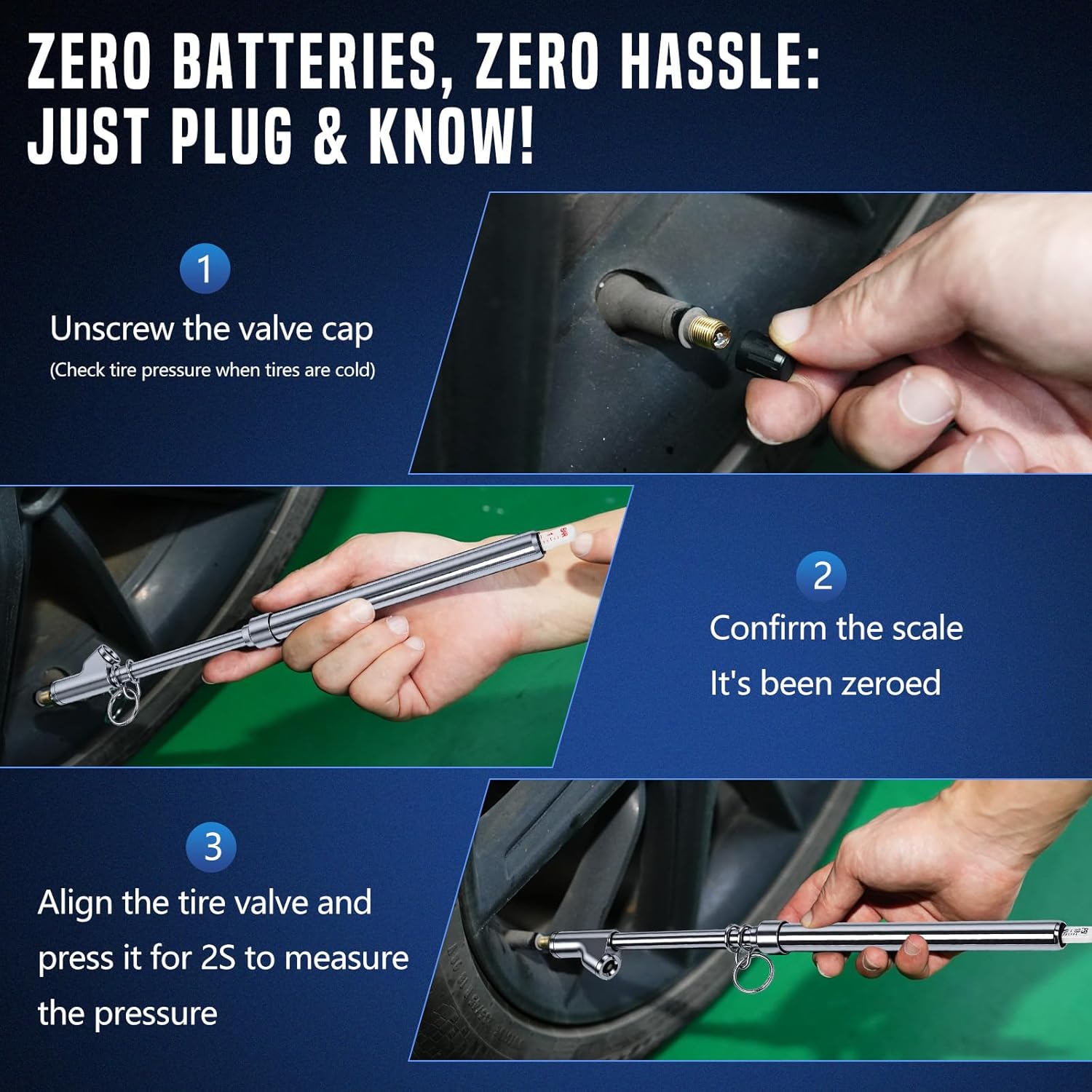 10-Pack Heavy Duty Dual Head Tire Pressure Gauge (10-150 PSI, 1-10 Bar) for Semi Trucks, RVs, Cars, Motorcycles - 12 Inch