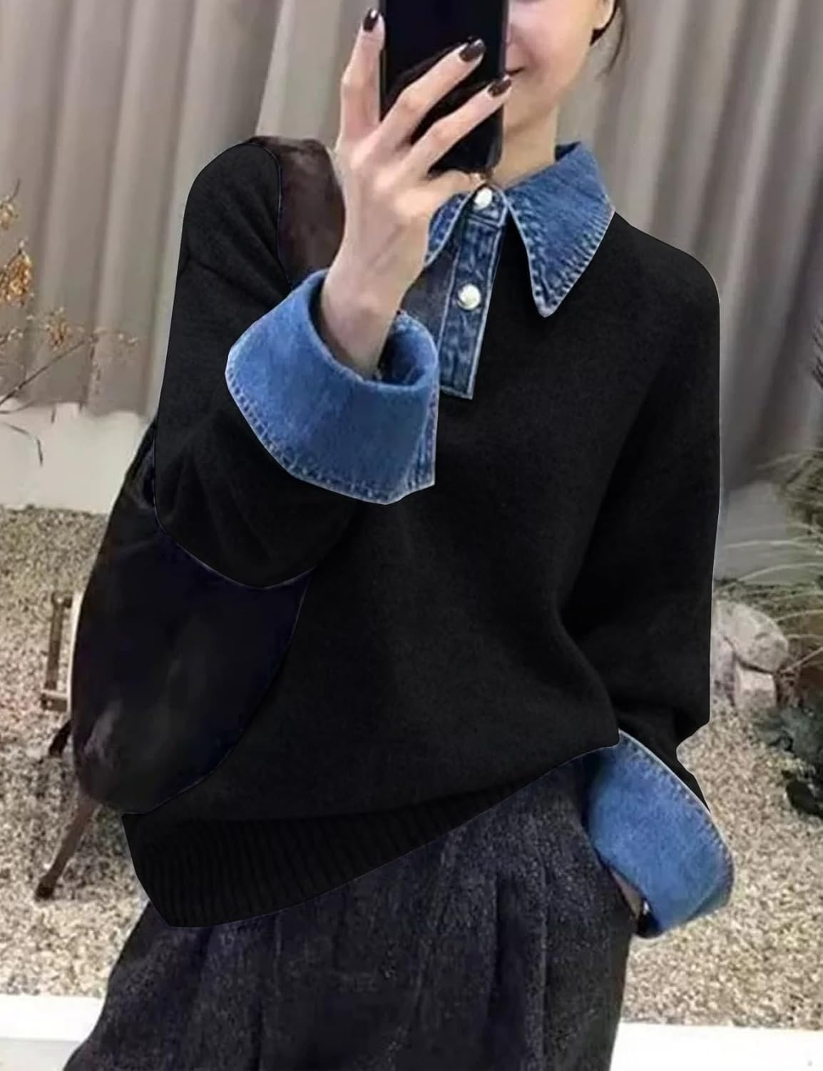 Womens Fall Oversized Long Sleeve Sweaters 2 in 1 Denim Panel Lapel Sweater Polo Knit Sweater Tops - Image 4