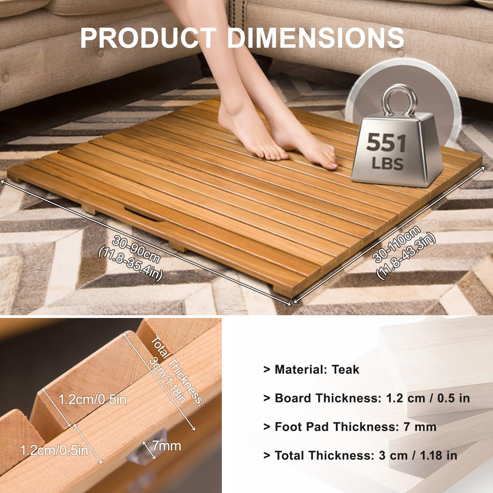 Tappetino da Bagno in Legno di Teak Pedana Doccia Impermeabile,Design a Doghe, Design rialzato per Doccia Esterna(30x30cm/11.8x11.8in)
