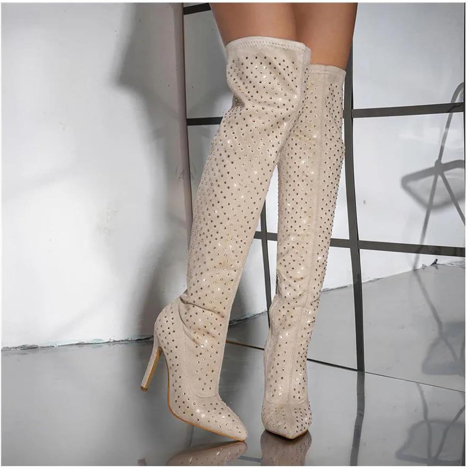 Women's Over-The-Knee Boots Mature Elastic Thigh High Style with Bling Rhinestone Accents and A Super High Stiletto Heel