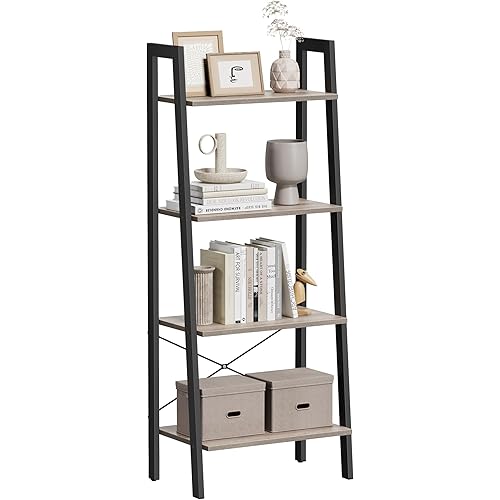 VASAGLE Ladder Shelf, 4-Tier Bookshelf, Storage Rack, Bookcase with Steel Frame, for Living Room, Home Office, Kitchen, Bedroom, Industrial Style, Heather Greige and Ink Black ULLS44MB