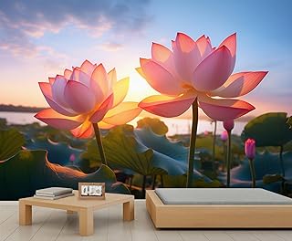 Pink Lotus Wall Mural, Sunset Mural, Blue Sky Wallpaper, Pink Gradient W...
