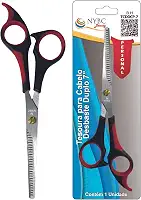 NYBC Beauty Tesoura Profissional para Desbaste Duplo, 7" Polegadas, Cabo Vermelho e Preto, Leve e Eficiente, Para Uso Doméstico e Profissional