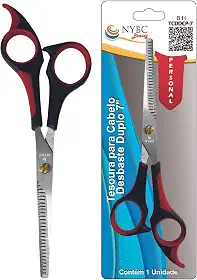 NYBC Beauty Tesoura Profissional para Desbaste Duplo, 7" Polegadas, Cabo Vermelho e Preto, Leve e Eficiente, Para Uso Doméstico e Profissional