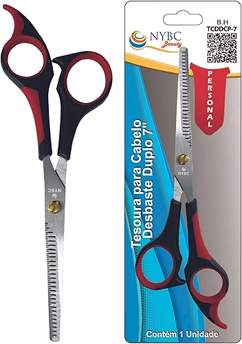 NYBC Beauty Tesoura Profissional para Desbaste Duplo, 7" Polegadas, Cabo Vermelho e Preto, Leve e Eficiente, Para Uso Doméstico e Profissional
