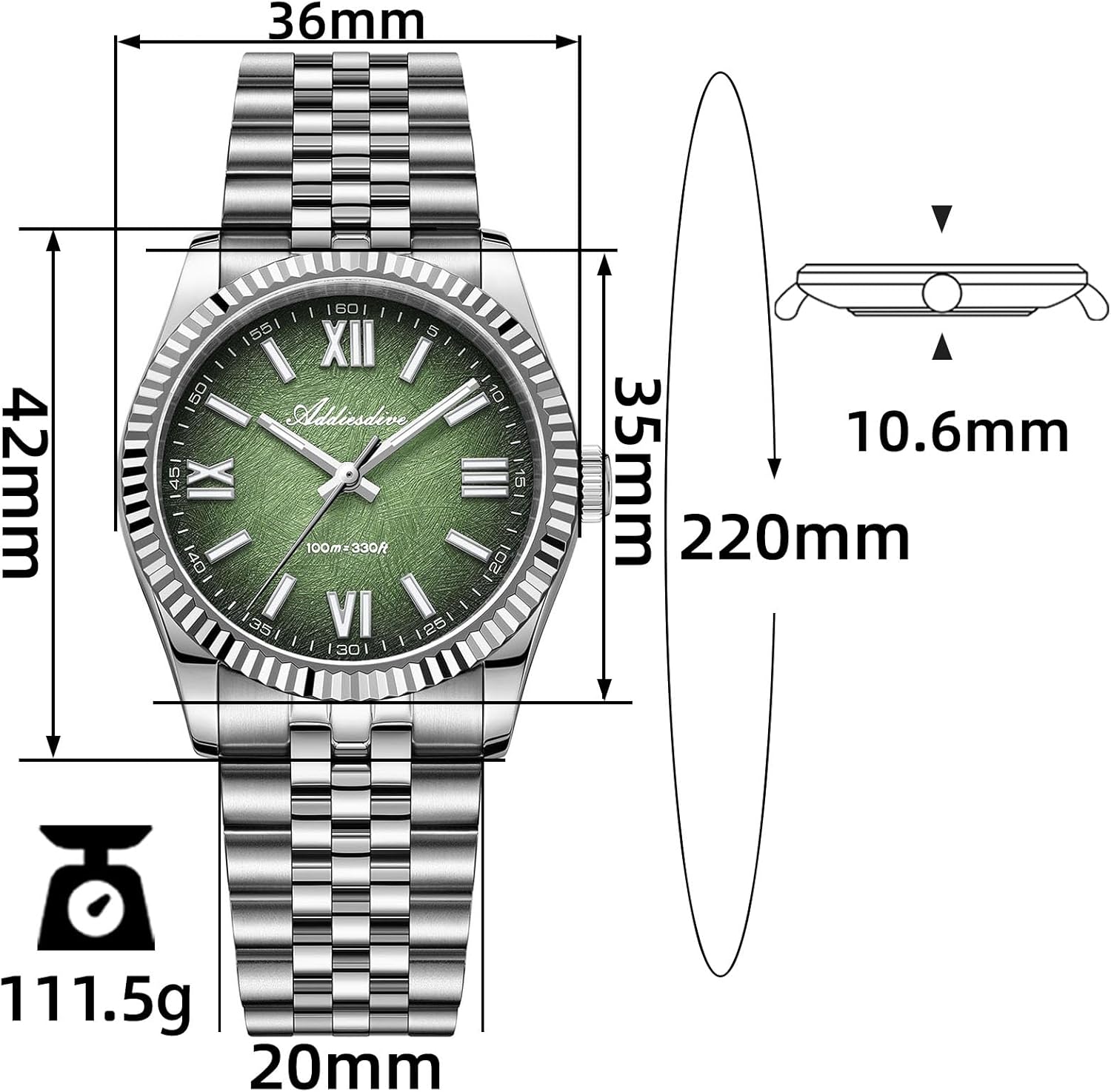 ADDIESDIVE 10.6 MM Luxury Watches for Men Women Roman Numerals Synthetic Sapphire VH Sweep Second Fluted Bezel Casual Wear Unisex Watch