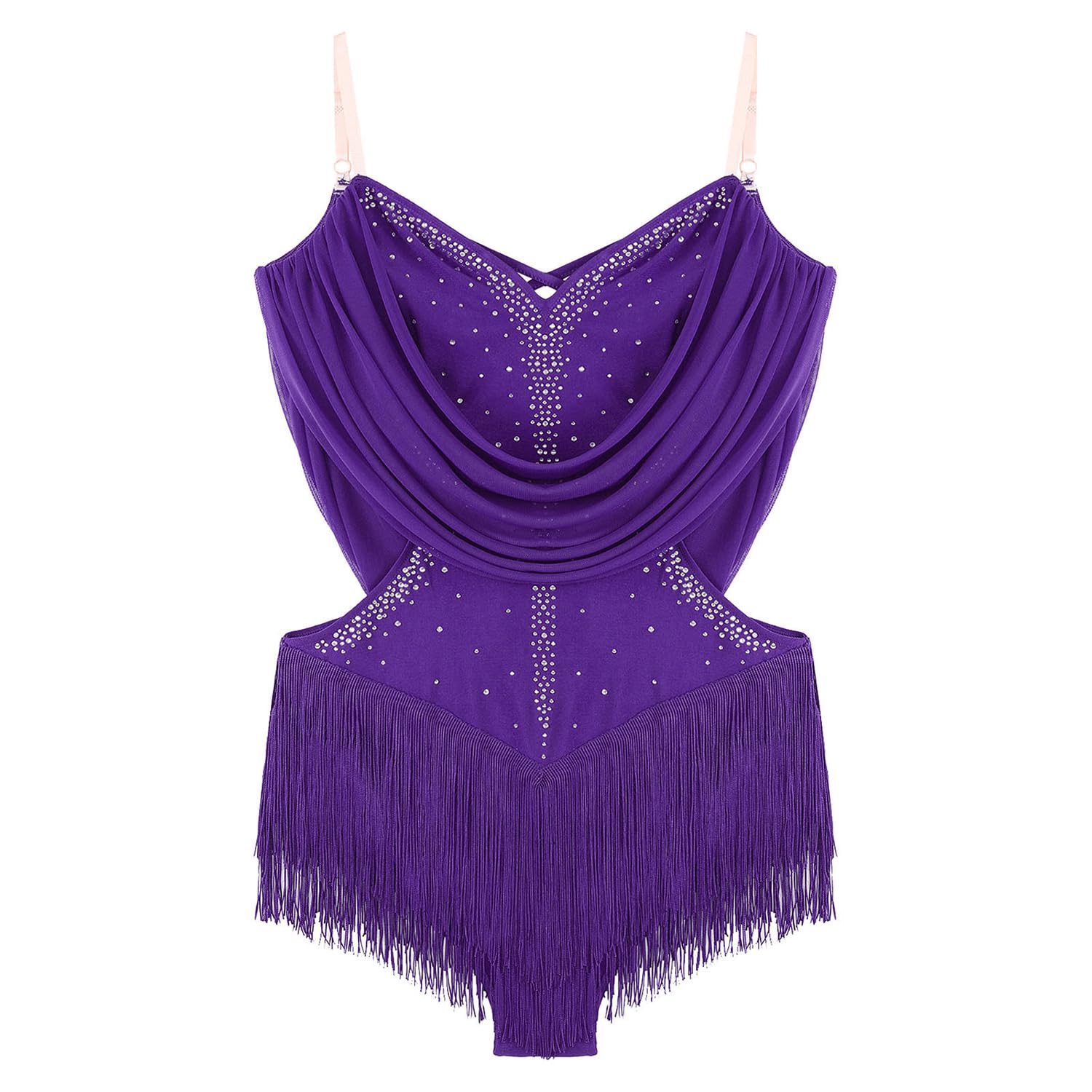 Maillot de Baile Latino para Mujer Body de Patinaje Artístico Maillot con Flecos y Pedrería Brillante y Guantes de Malla Vestido Baile de Salón Tango Rumba S-XXL