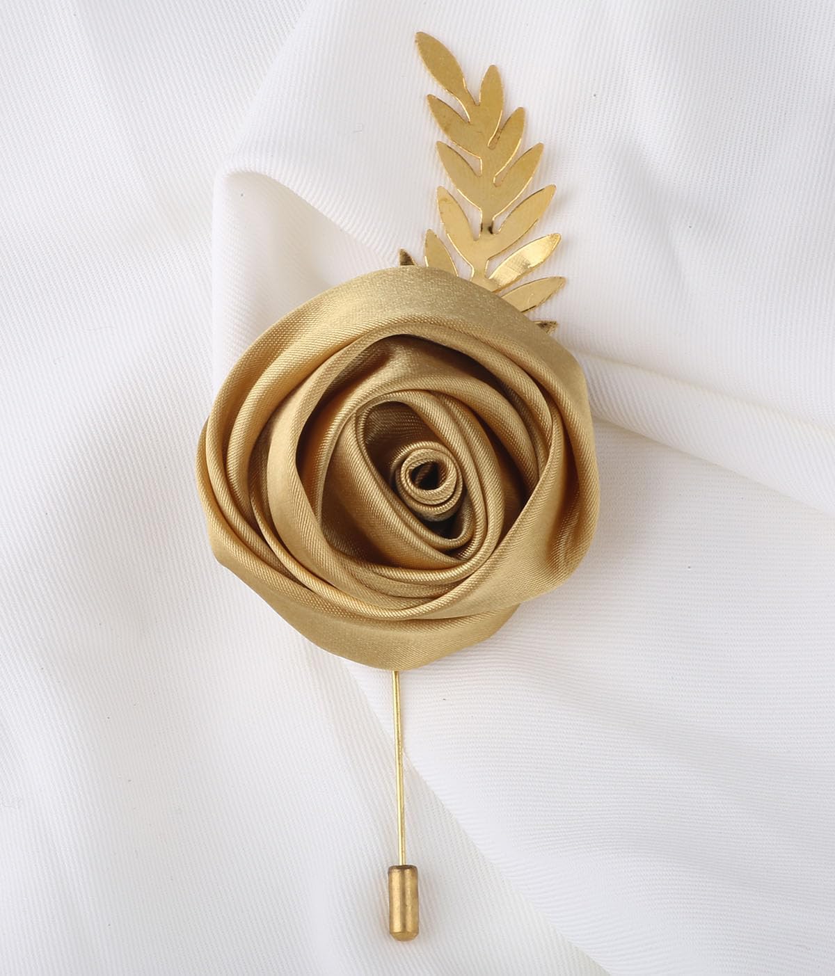 Faux Silk Rose Men Suit Boutonniere, Artificial Flower & Golden Leave Brooch Lapel Pin for Groom Groomsman Wedding Prom Dance Homecoming Party