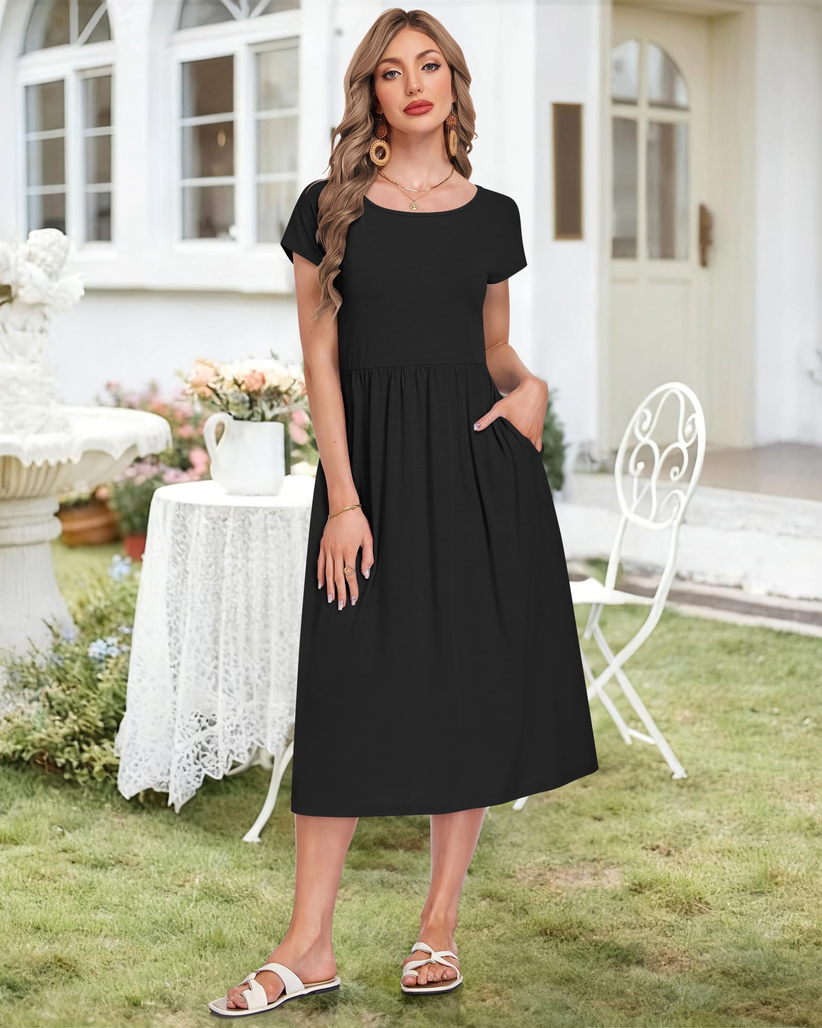 AUSELILY Vestito Estivo da Donna a Maniche Corte Abiti Casual Larghi Abito Midi con Scollo a Girocollo e Tasche