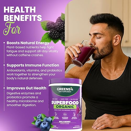 Miniatura 6 de Greens+ Superalimento orgánico de bayas silvestres en polvo, polifenol antioxidante, mezcla para patada matutina, energía, impulso de vitalidad,