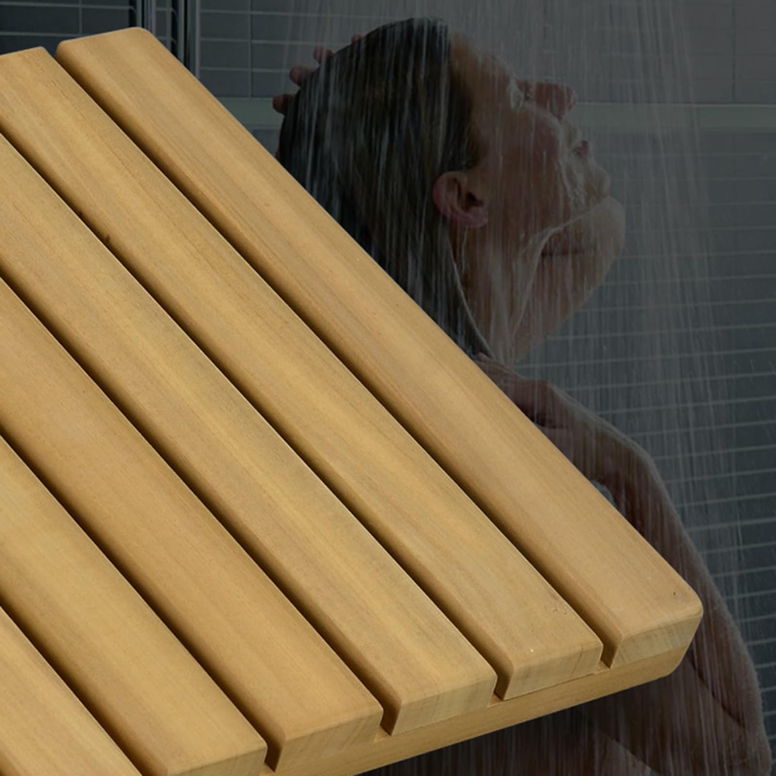 QIYFOZ Waterproof Natural Wood Shower Mat, Anti-Slip Bath Pedal Pad, Stable Drain Board for Spa, Pool & Sauna - 60cm x 60cm (23.6" x 23.6") - Durable & Eco-Friendly