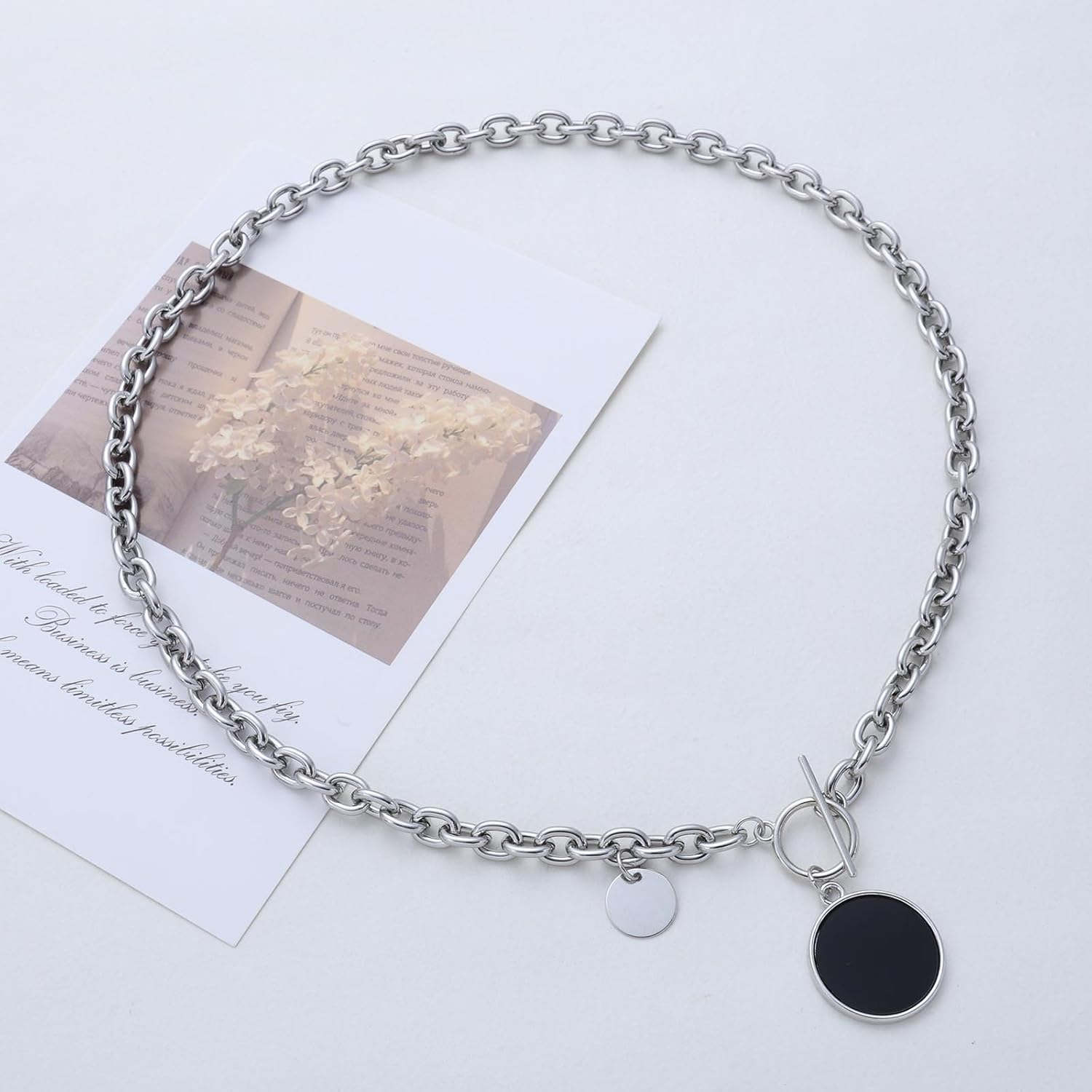 Bohemian Disc Coin Choker Necklace Black Enamel Disc Pendant Necklace Silver Paperclip Link Chain Necklaces Round Coin T Bar Collar Necklaces Jewelry for Women - Image 4