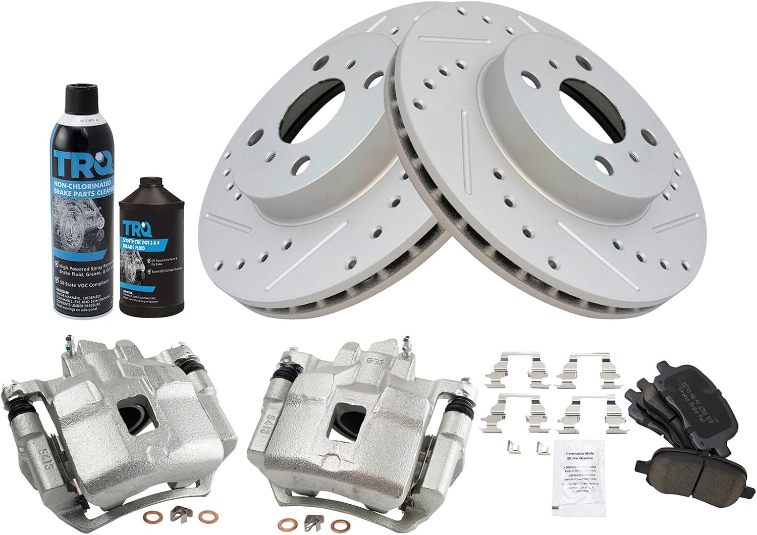 TRQ Front Performance Brake Pad & Rotor Kit Brake Caliper Brake Chemical Kit Brake Pads Brake Rotors Set Ceramic Premium G-Coated Compatible with 1998-2002 Chevrolet Prizm Toyota Corolla