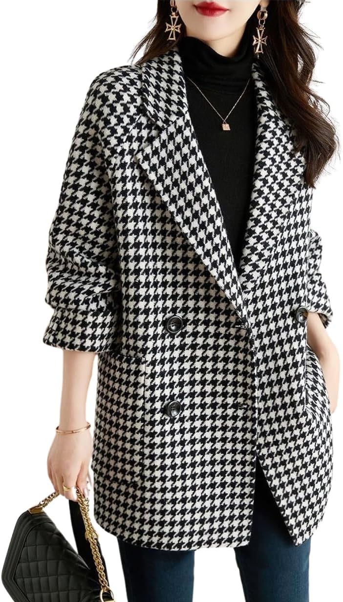 chouyatou Womens Fall Winter Casual Business Plaid Wool Coat Loose Double Breasted Dressy Blazer Pea Coat