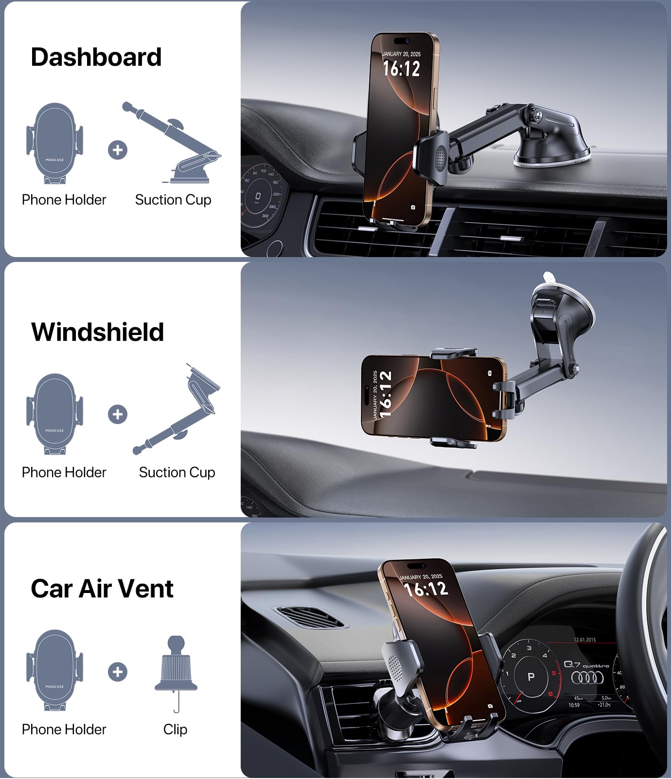 Miracase Car Phone Holder for Cars Air Vent Dashboard Windscreen Desk, 4in 1 Mobile Phone Mount Automobile Cradle 360° Rotatable Stand Vehicle Mount for iPhone 17 16 15 Pro Plus Max 14 13 12 11Samsung — view 7